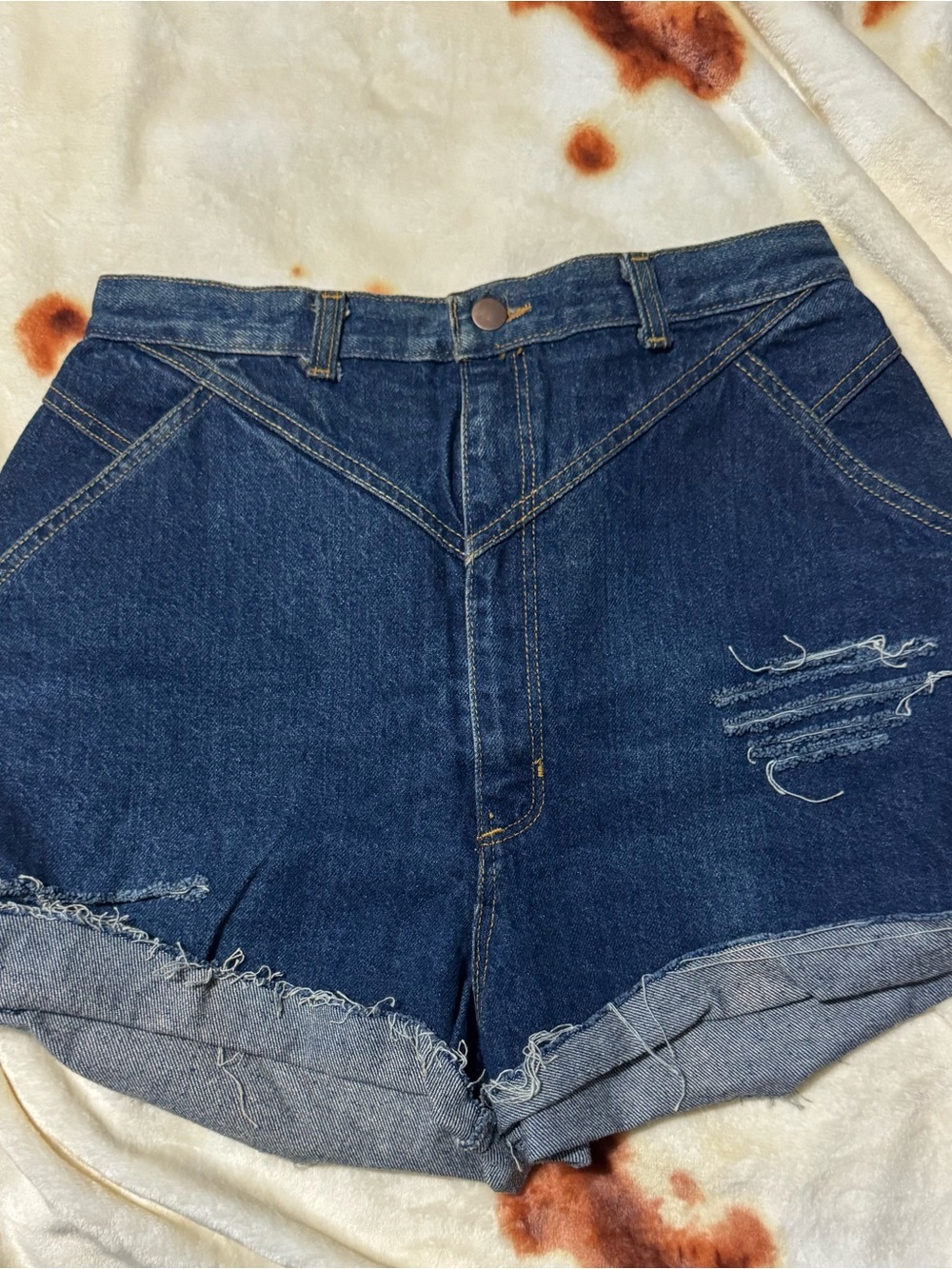 Dark Blue Distressed Denim High-Waist Shorts